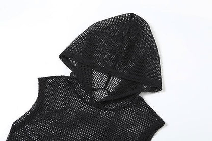 Hoodie sleeveless fishnet slit top