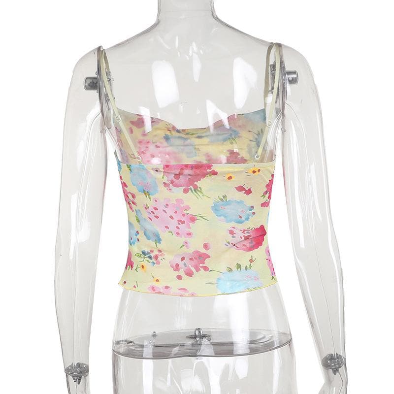 Cowl neck flower print sheer mesh cami top