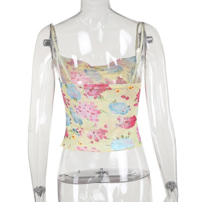Cowl neck flower print sheer mesh cami top