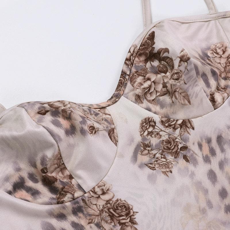 Floral Spotted Print Sweetheart Bustier Spaghetti Strap Bodycon Maxi Dress