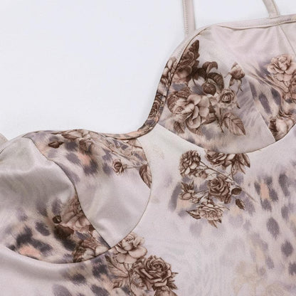 Floral Spotted Print Sweetheart Bustier Spaghetti Strap Bodycon Maxi Dress