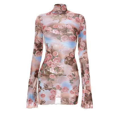 Cherub Floral Print Mock Neck Long Sleeve Lettuce Hem Mini Dress
