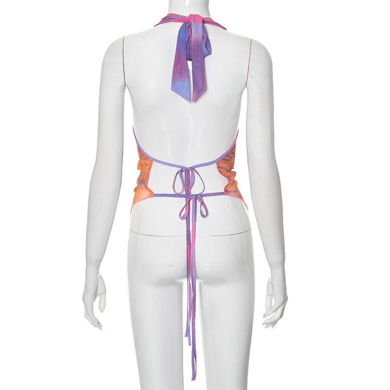 Halter cowl neck gradient print self tie top