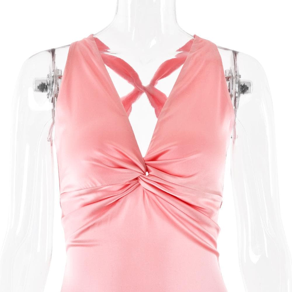 Ruched bowknot v neck satin cross back maxi dress