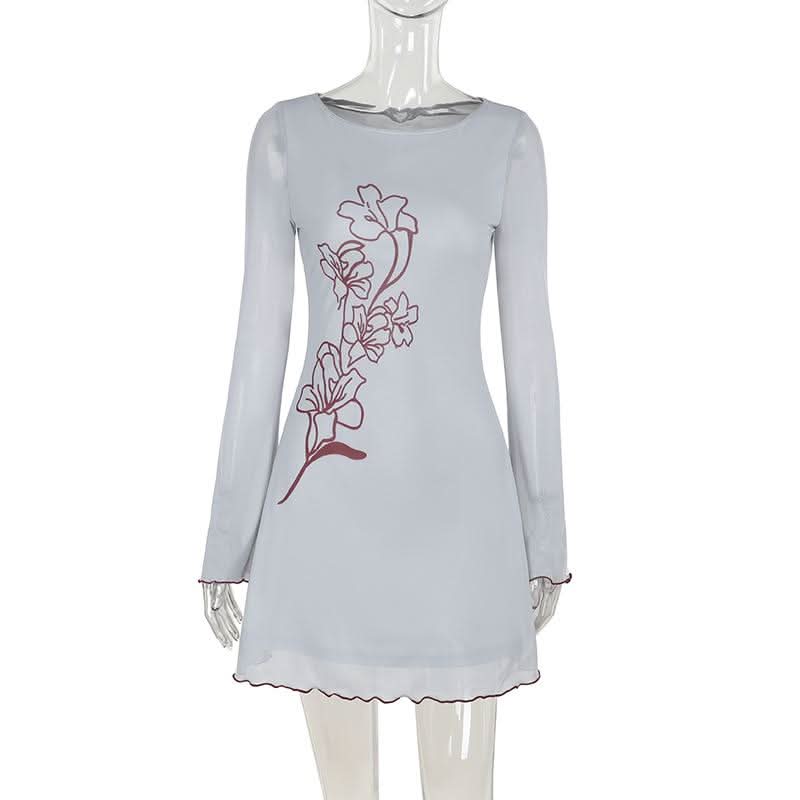 Long sleeve mesh flower print ruffle mini dress