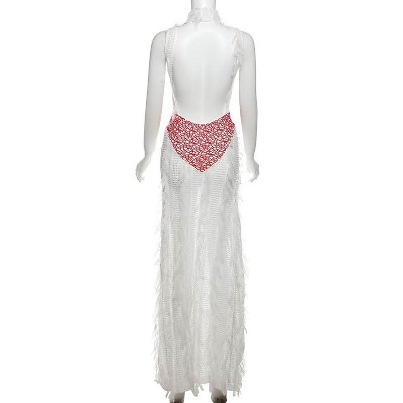 High neck patchwork tassels backless maxi dress