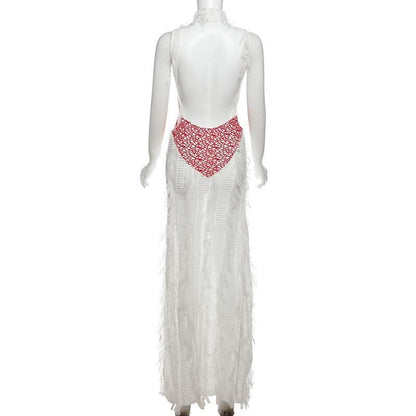 High neck patchwork tassels backless maxi dress