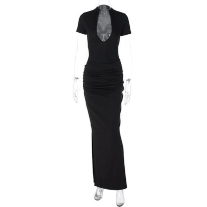 Short sleeve v neck ruched low cut slit solid maxi dress-final-sale