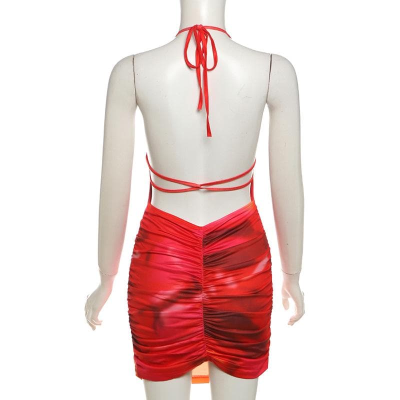 U neck halter tie dye ruched backless mini dress