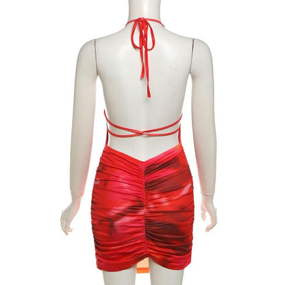 U neck halter tie dye ruched backless mini dress
