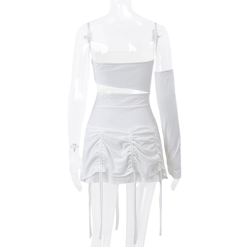 Solid irregular gloves off shoulder drawstring hollow out cut out mini dress