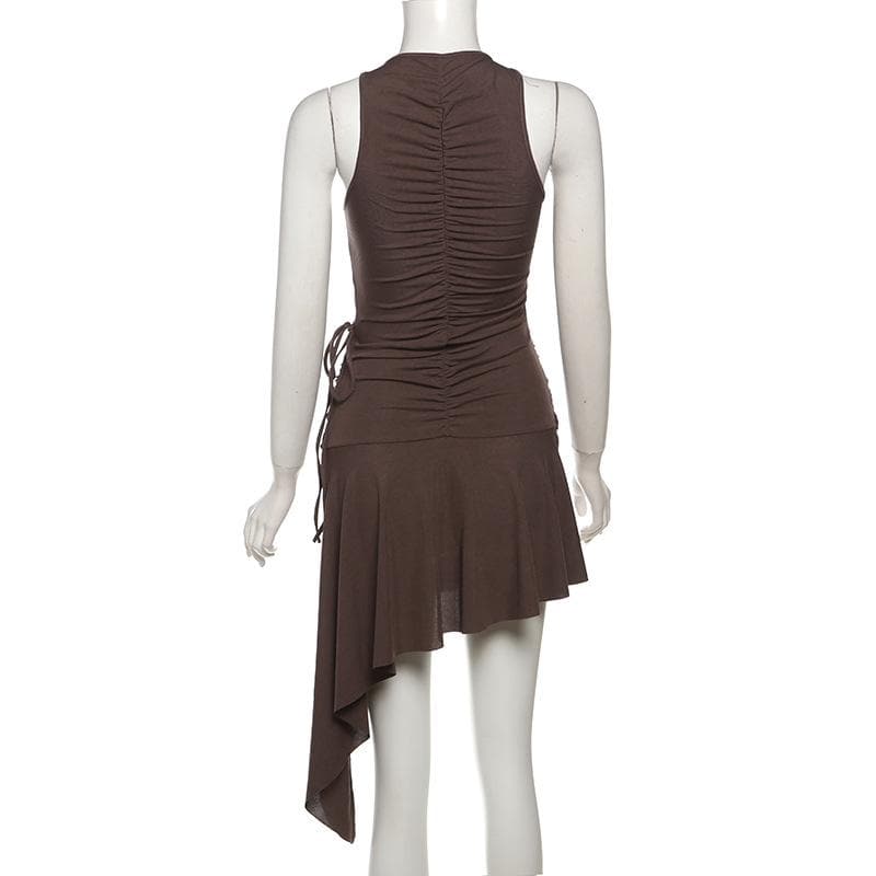 Irregular ruched drawstring buckle tank mini dress
