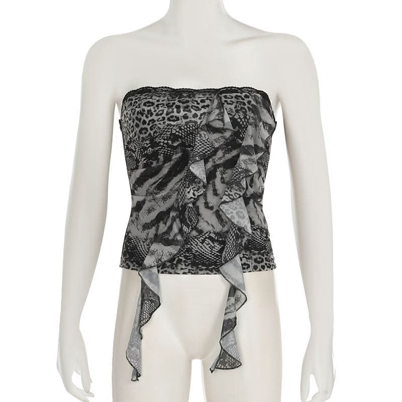 Leopard print ruffle lace hem tube top