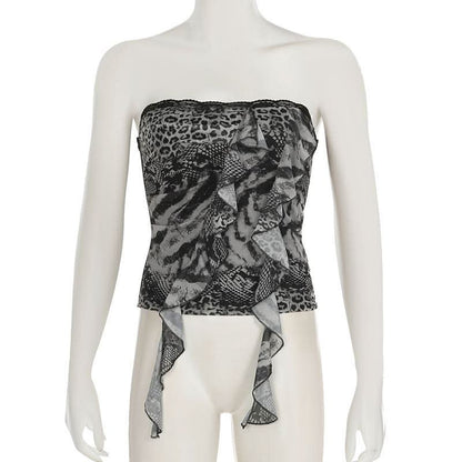 Leopard print ruffle lace hem tube top