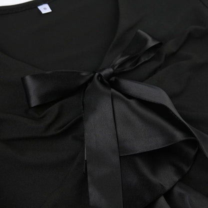 Patchwork solid long sleeve bowknot v neck top