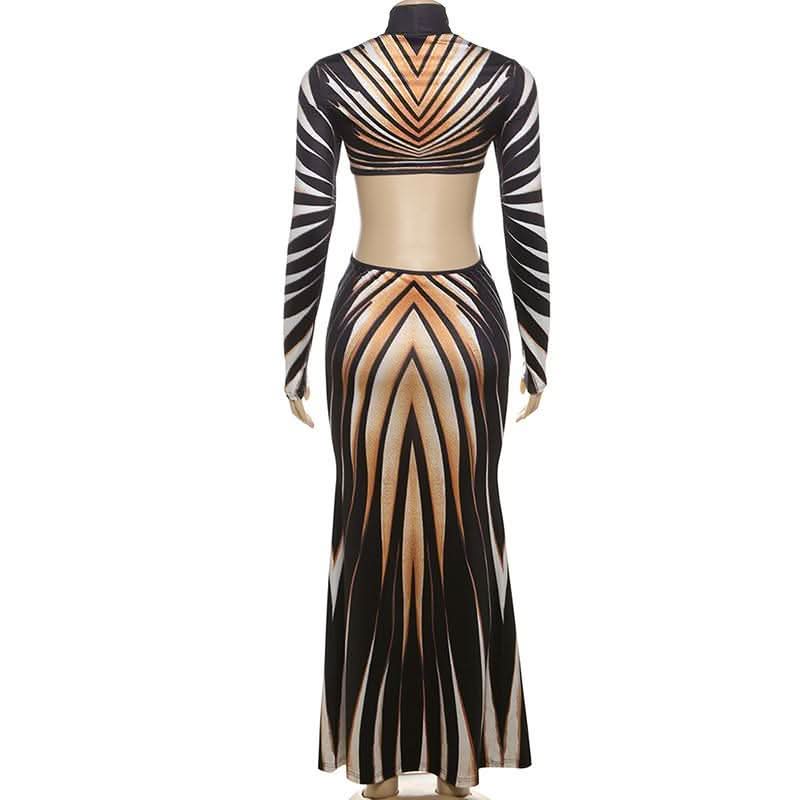 High neck long sleeve hollow out print contrast cut out maxi dress-final-sale
