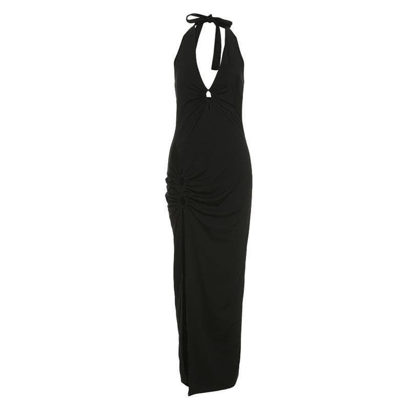 V neck hollow out ring slit solid cut out maxi dress
