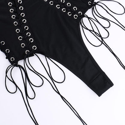 V neck lace up hollow out solid cami bodysuit