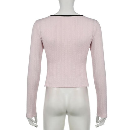 Long sleeve ruffle bowknot ribbed top