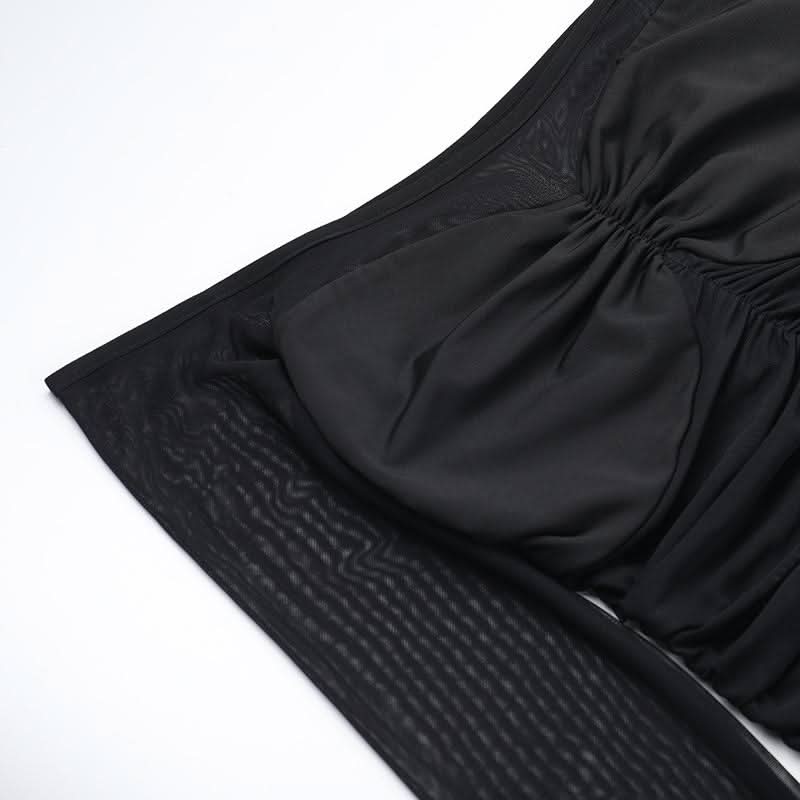 Off shoulder long sleeve mesh patchwork ruched maxi dress