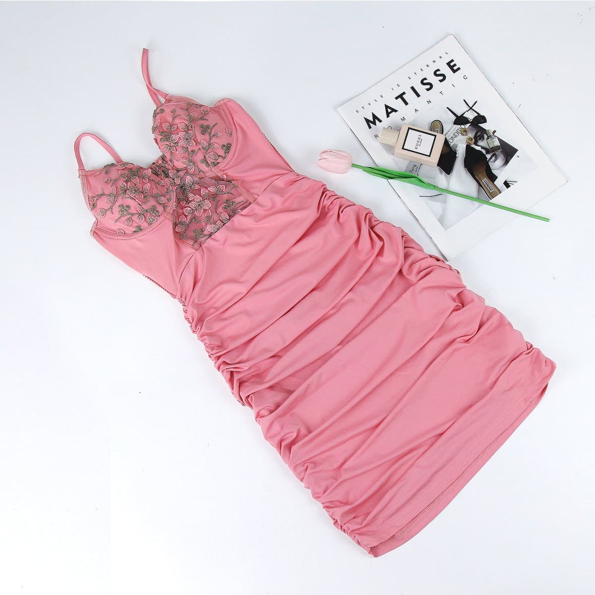 Floral Embroidery Bustier Lace Up Side Ruched Cami Mini Dress