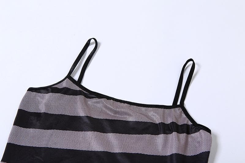 Spaghetti Strap Horizontal Stripe Ribbed Panel Bodycon Maxi Dress