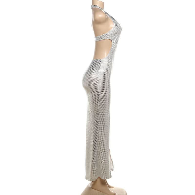 Halter deep V neck slit plaid hollow out cut out maxi dress-final-sale