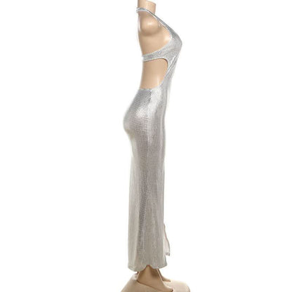 Halter deep V neck slit plaid hollow out cut out maxi dress-final-sale