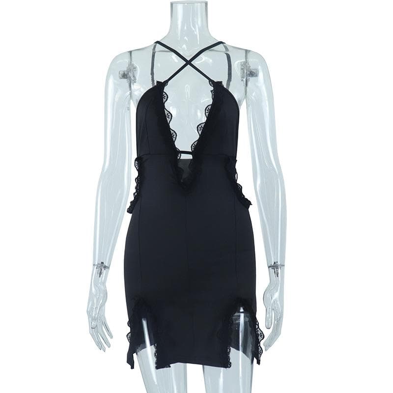 Deep v neck cross front lace hem backless cami mini dress