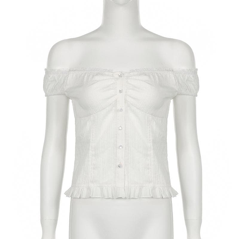 Off shoulder ruched button ruffle top