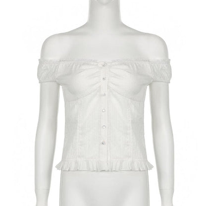 Off shoulder ruched button ruffle top