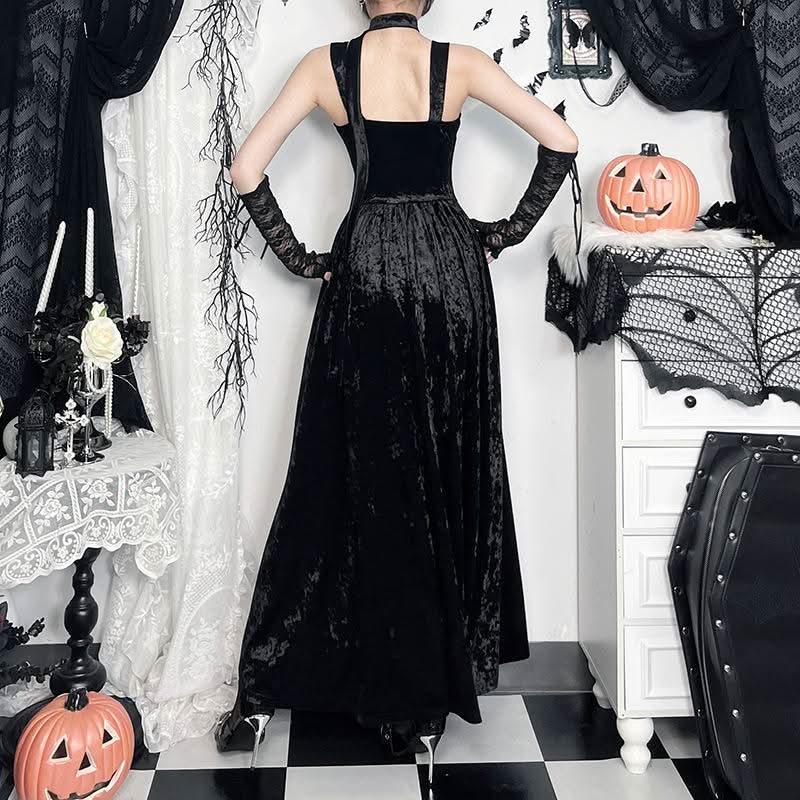 Lace hem velvet cross square neck maxi dress