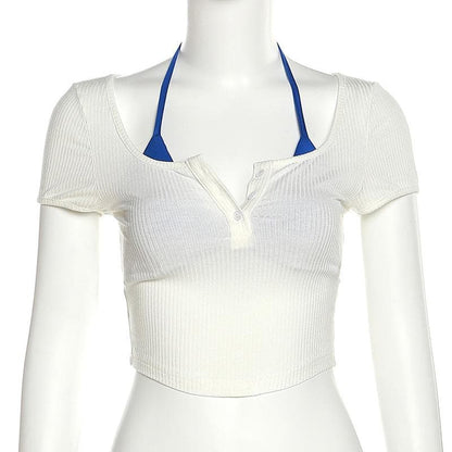 Short sleeve self tie contrast halter button 2 piece crop top