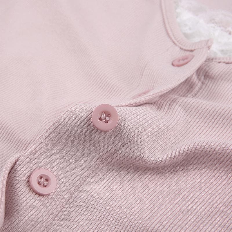 Long sleeve halter contrast lace hem self tie button crop top