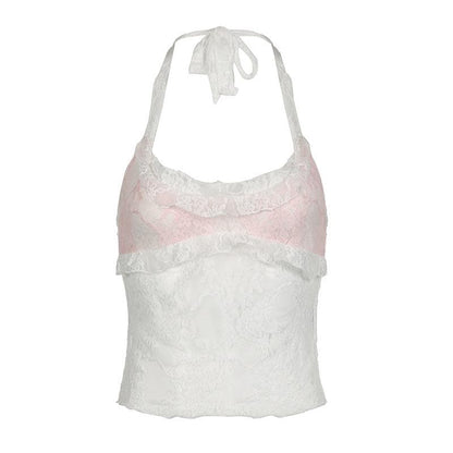 Halter u neck lace hem ruffle top