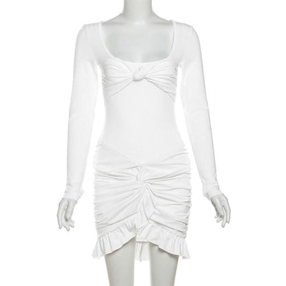 Long sleeve u neck ruched ruffle mini skirt set