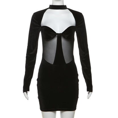 Long sleeve high neck velvet patchwork mesh mini dress