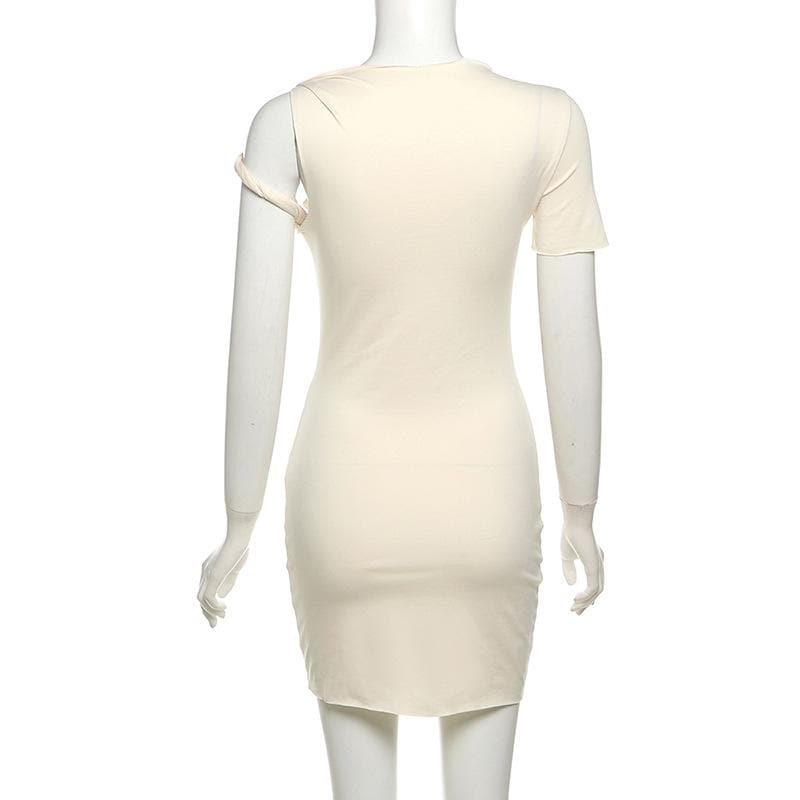 Short sleeve one shoulder ruched solid mini dress