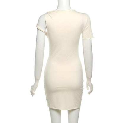 Short sleeve one shoulder ruched solid mini dress