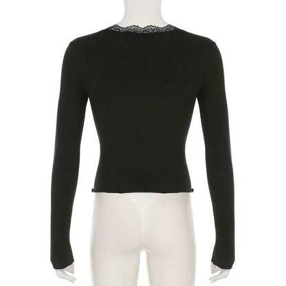 V neck long sleeve lace hem flower applique top