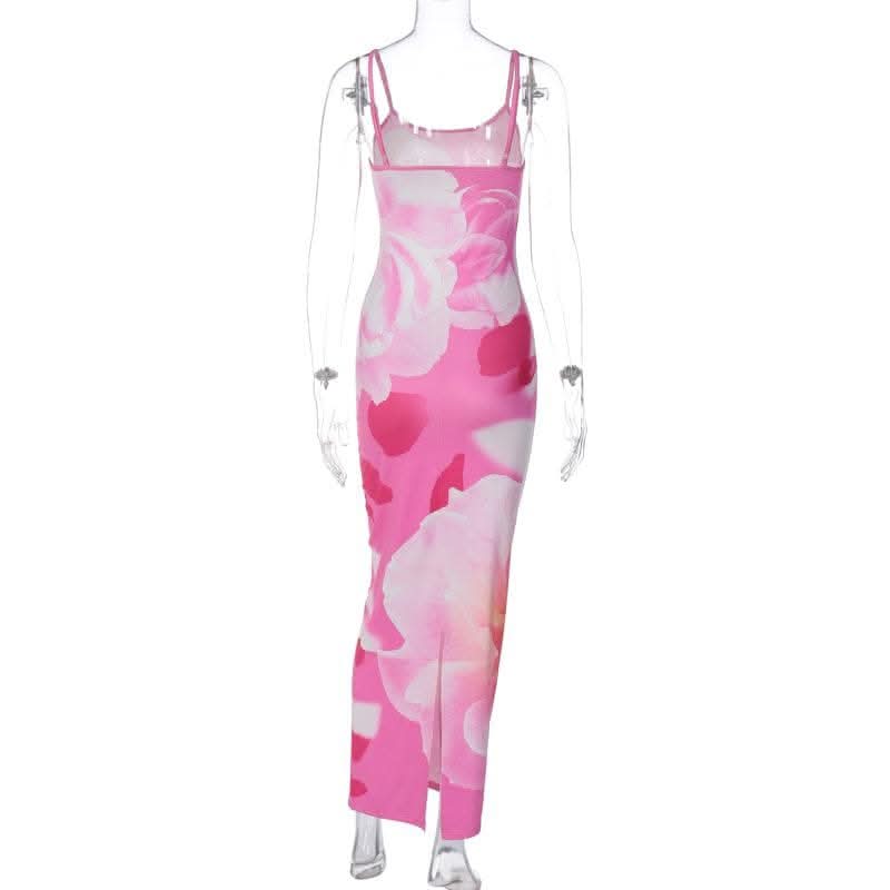 Flower print contrast u neck backless slit cami maxi dress-final-sale