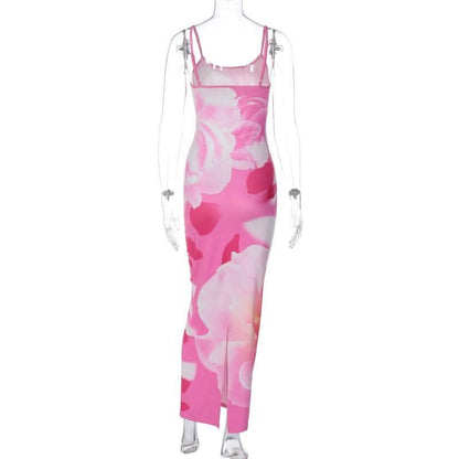 Flower print contrast u neck backless slit cami maxi dress-final-sale