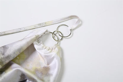 Cowl neck cross back o ring high slit print maxi dress