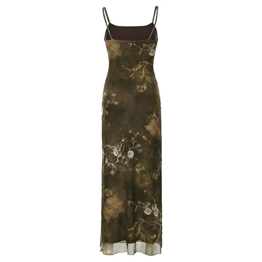 U neck print mesh cami maxi dress
