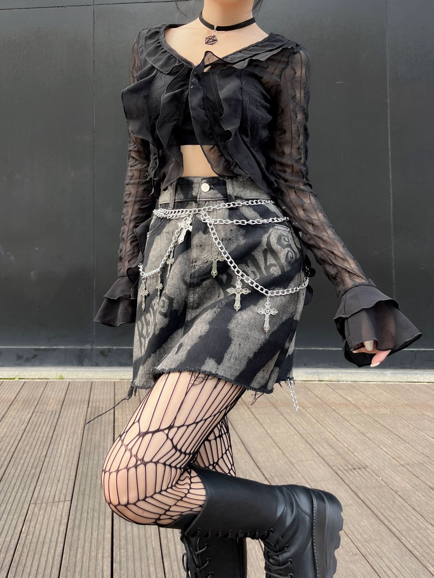 Denim letter print metal chain mini skirt