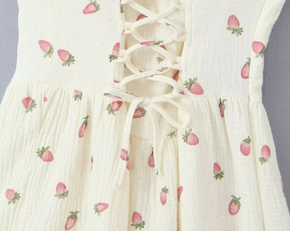 Square neck strawberry print lace up cami mini dress