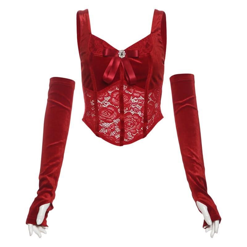 Gloves bowknot lace velvet patchwork cami top-final-sale