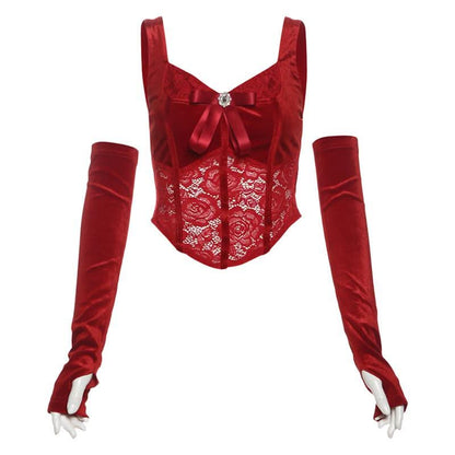 Gloves bowknot lace velvet patchwork cami top-final-sale