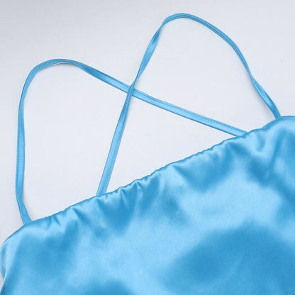 Cross back self tie ruched satin square neck maxi dress