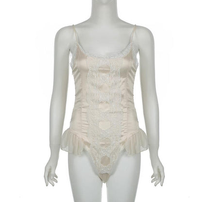 Lace patchwork satin ruffle cami bodysuit
